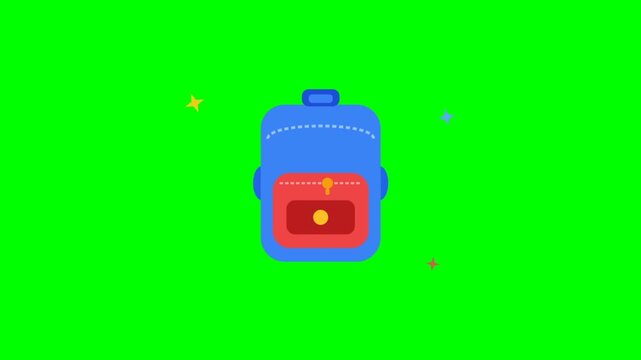 Bright Blue Backpack With Red Pocket Isolated On Green Background Video.