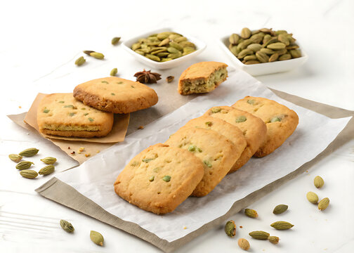 Indian bakery cardamom biscuits with visible crushed elaichi pieces, arranged neatly on parchment paper
