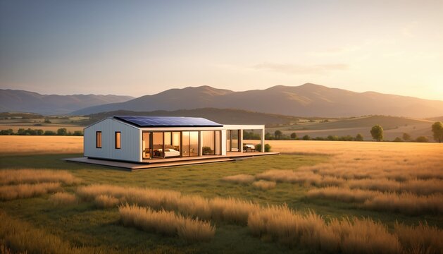 Long minimalist prefab house in open countryside at sunset