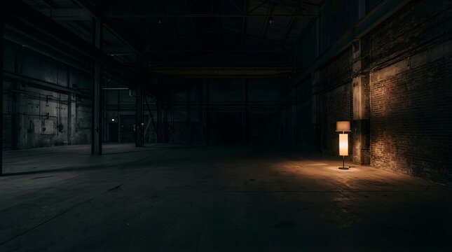 Floor lamp illuminating a dark empty industrial warehouse interior