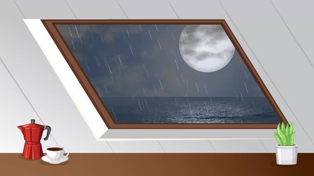 Animated Rainy Night Sky and Full Moon Through Attic Window