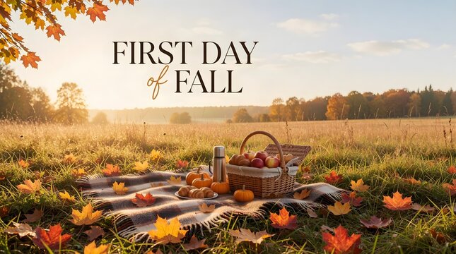 first day of fall greeting with autumn harvest landscape and rustic seasonal decor