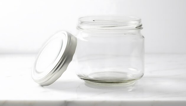 Minimalist close-up of an empty transparent glass jar with its metal lid on a white marble surface, photorealistic studio shot for food storage or product mockup concept.