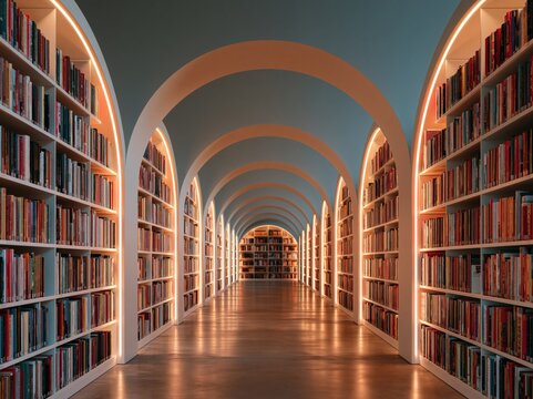 Endless library corridor with arched ceilings and illuminated bookshelves