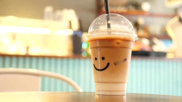 Iced coffee in plastic cup with smiley face design on wooden table at cafe