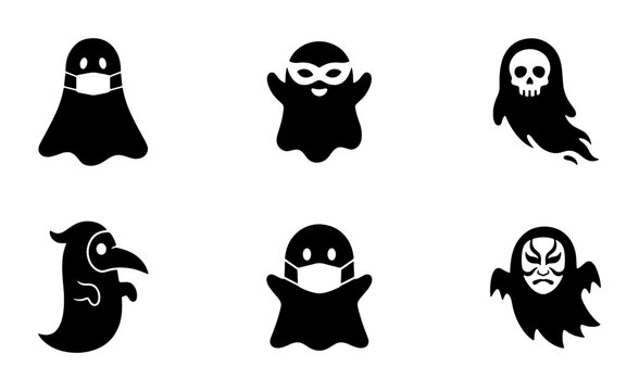 Spooky Halloween Ghost Icons, Masked Phantoms, Skull Spirit, Plague Doctor, Scary Faces, Vector Set