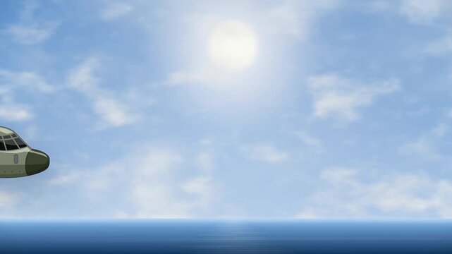 Military Cargo Plane Flying Over Ocean Under Bright Sun