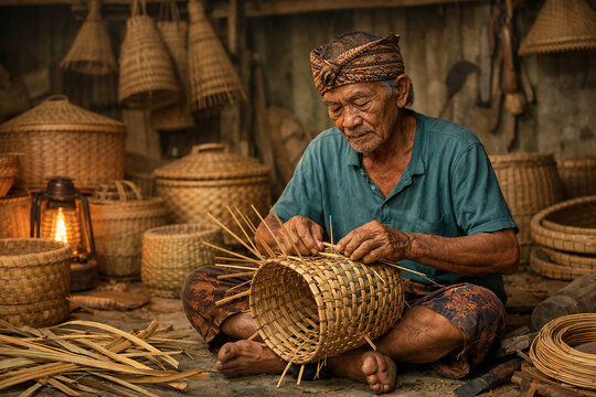 Elderly Indonesian Craftsman Weaving Traditional Bamboo Basket Art