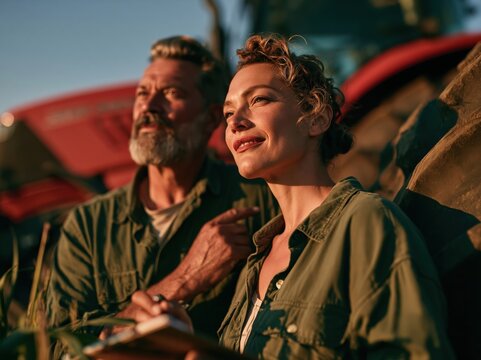 Farmers in the field with a tractor, planning their harvest at sunset