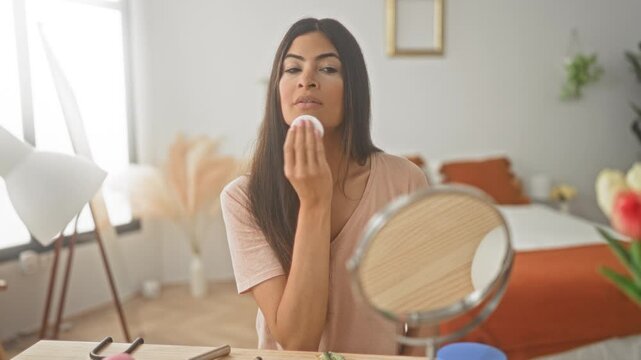 Young woman dabs a cotton pad to her cheek at a bedroom vanity mirror, looking into a round tabletop mirror beside makeup tools and a jar; calm skincare routine.