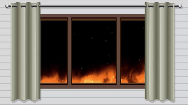 Animated Fire Burning Outside a Window with Curtains on Black Background