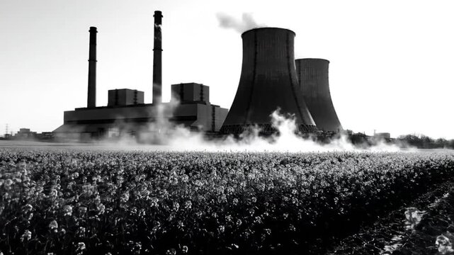 Black and white view of a power plant releasing steam into the atmosphere from smokestacks near a field of flowers