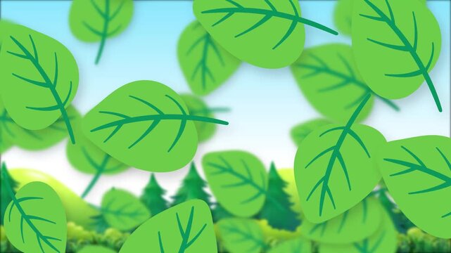 Playful Cartoon Green Leaves Falling Over a Stylized Forest Background
