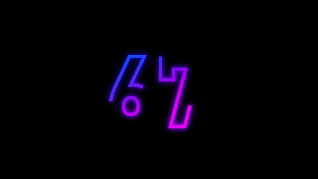 Glowing Neon Numeric Text "67" Number Countdown Icon Background 4K Animation. Purple and Blue Neon Font Alpha Number. Energy Neon 67 Number.