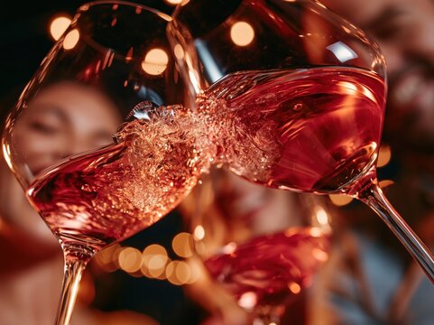Close-up of red wine splashing in glasses during a toast with bokeh lights