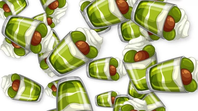 Falling Green Matcha Dessert Cups Animation on White Background