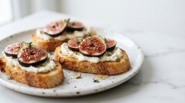 Delicious toasted bread slices topped with fresh figs and creamy goat cheese on a ceramic plate