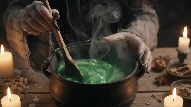 Creepy witch hands stirring bubbling green magical potion in a dark iron cauldron with smoke and candles