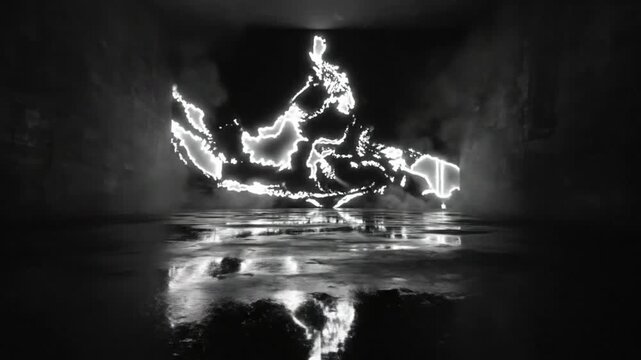 Luminous Glowing White Outline of Indonesia Against a Dramatic Dark Smoky Background and Wet Reflective Floor