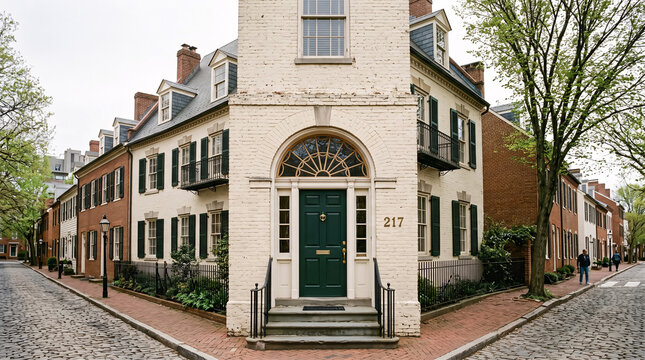 Federal-Style Townhouse with Arched Fanlight Doorway on Cobblestone Street