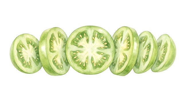 Watercolor illustration of green tomato slices arranged in a horizontal row on a white background