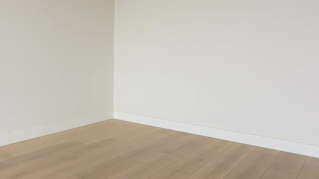Empty room interior with light colored walls and laminate flooring