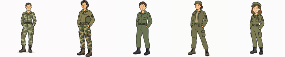 Obraz premium A set of vector illustrations of a female soldier posing while standing with her hands in her pockets.