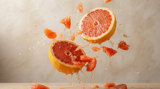 Exploding blood orange fruit with splashes of juice in a dynamic still life arrangement