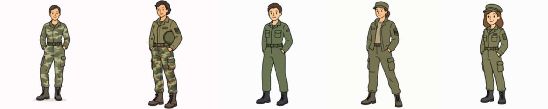 A set of vector illustrations of a female soldier posing while standing with her hands in her pockets.