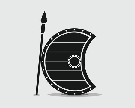 Thracian Peltast Skirmisher Shield Featuring Dark Wooden Plank Texture with Spear in Black and White Vector Illustration