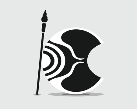 Thracian Peltast Skirmisher Shield Featuring Black and White Abstract Wave Motif with Spear Vector Illustration