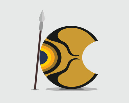 Ancient Crescent-Shaped Peltast Shield in Gold, Black, and Blue with Concentric Arch Pattern, Curved Lines, and Standing Spear Isolated Vector