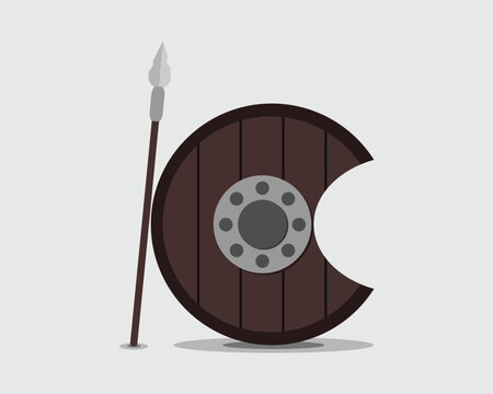 A flat vector illustration of an ancient Greek crescent-shaped Peltast shield with a dark brown vertical wooden plank texture, a prominent central silver metal boss with circular rivets, and outer.