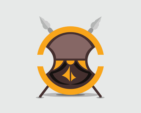 A flat vector illustration of an ancient Greek double-notched Peltast shield featuring a brown and yellow face with two crescent side cutouts, a bright yellow outer rim, and two crossed wooden spears.