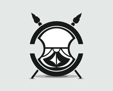 Ancient Greek Peltast Shield in black and white with Dual Side Cutouts, Geometric Pattern, and Crossed Spears Isolated Vector