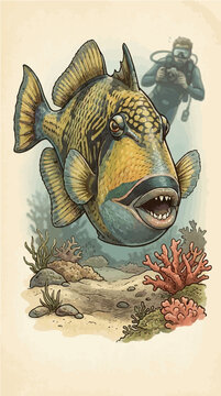 Titan Triggerfish Charging Diver Defensive Nest Territory Vector Illustration