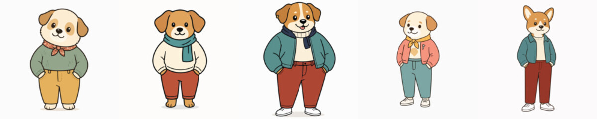 Fototapeta premium A set of cute and adorable vector dogs in trendy outfits, posing while standing with their hands in their pockets.
