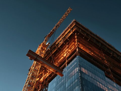 Crane lifting steel beam to skyscraper construction site against clear blue sky