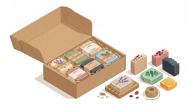 Isometric illustration of an open cardboard box with artisanal soap bars