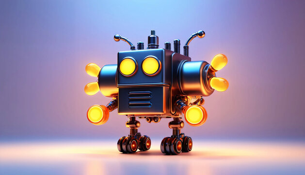 Cute boxy robot with glowing lights on pastel background