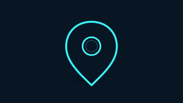 Glowing neon blue map pin icon representing location, GPS navigation, and destination on dark background