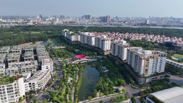 Aerial view of Sala Urban Park and Saigon river port, Ho Chi Minh city, Vietnam.