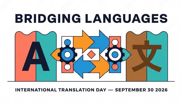 International Translation Day September 30 2026 Bridging Languages Concept Vector Illustration Featuring English and Chinese Characters Connected by Gears and Arrows Isolated on White