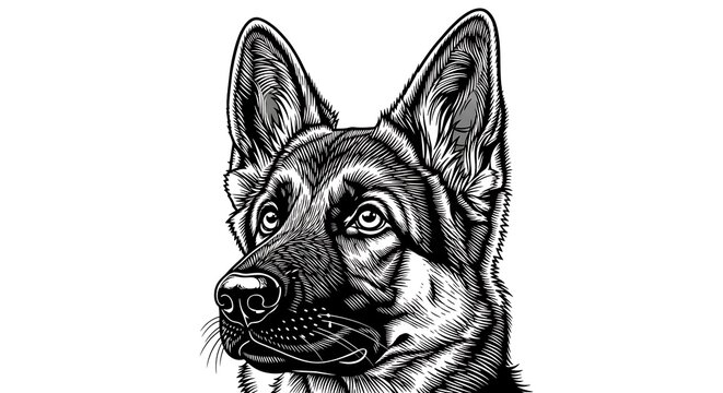 Detailed woodcut style illustration of a german shepherd dog's head facing forward with intense gaze
