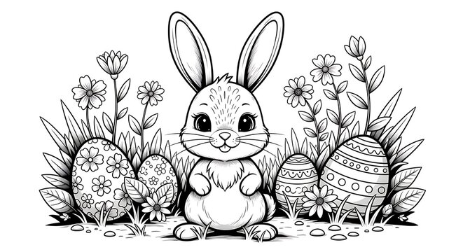 Charming hand drawn illustration of a bunny surrounded by decorated easter eggs and wildflowers