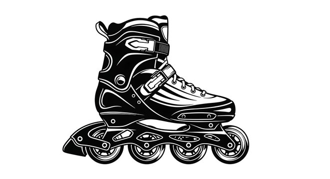 Vintage style black and white illustration of a single inline roller skate on a white background
