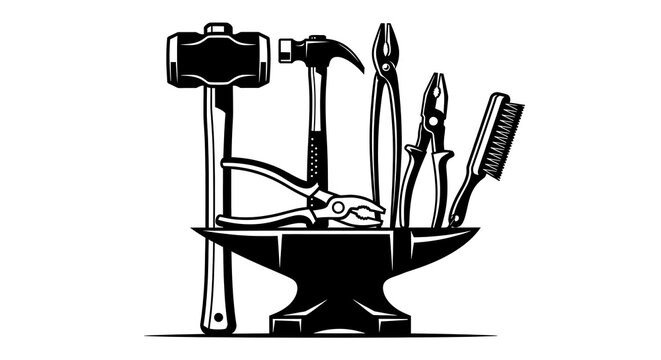 Vintage blacksmith tools including hammer anvil pliers and drill bits in a monochrome illustration