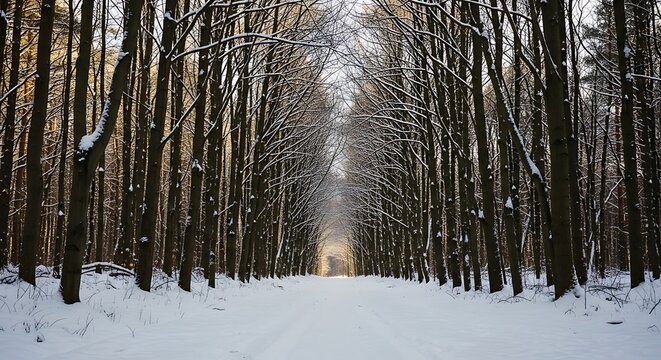 Winter forest path with symmetrical tree arrangement