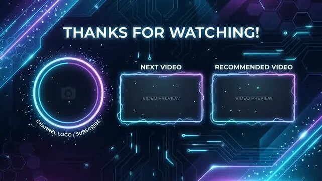 YouTube end screen template with glowing neon borders futuristic circuit background motion graphics video clip