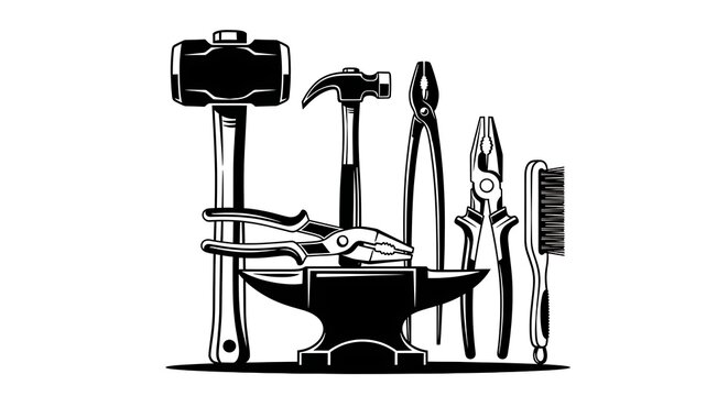 Vintage blacksmith tools including hammer anvil tongs and swords in a monochrome illustration